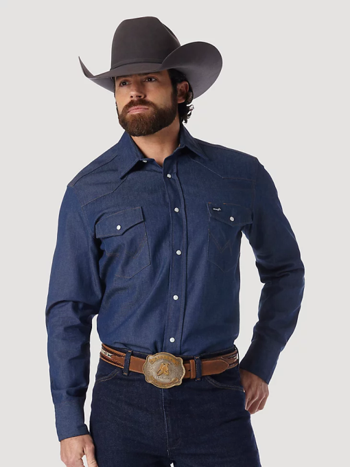 klær nei Wrangler menn cowboy cut work western stiv denim langermet skjorte stiv indigo (70127mw) 8V40439