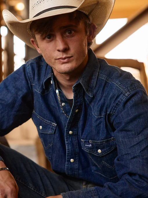 klær nei Wrangler menn cowboyskåret langermet western-denim-arbeidsskjorte med trykkknapper mørk denim (ms1041d) 8V40406