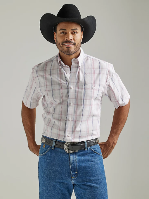 klær nei Wrangler menn george stredet kortermet 1-lomme rutet skjorte med knapper pastellrosa pledd (112327817) 8V40310