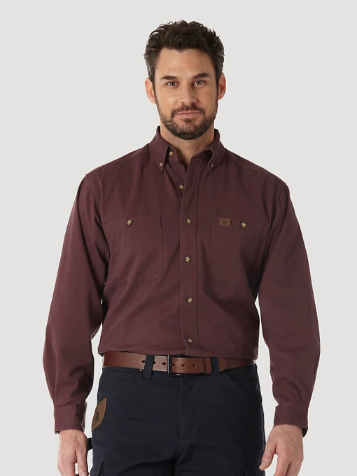 klær nei Wrangler menn riggs arbeidstøy langermet knapp ned solid twill arbeidsskjorte burgunder (3w501bg) 8V40352