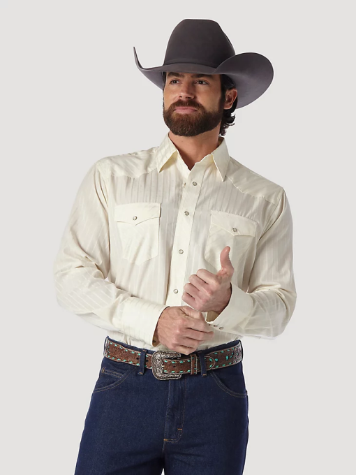 klær nei Wrangler menn western langermet western snap dobby stripe skjorte (mørk) brun (lys) (75226tn) 8V40467