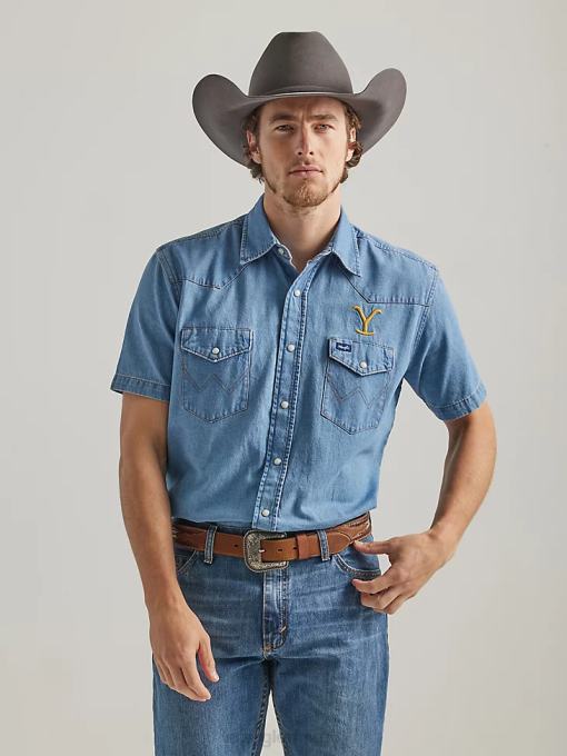 klær nei Wrangler x Yellowstone menn kortermet chambray arbeidsskjorte stonewash indigo (112337485) 8V40505