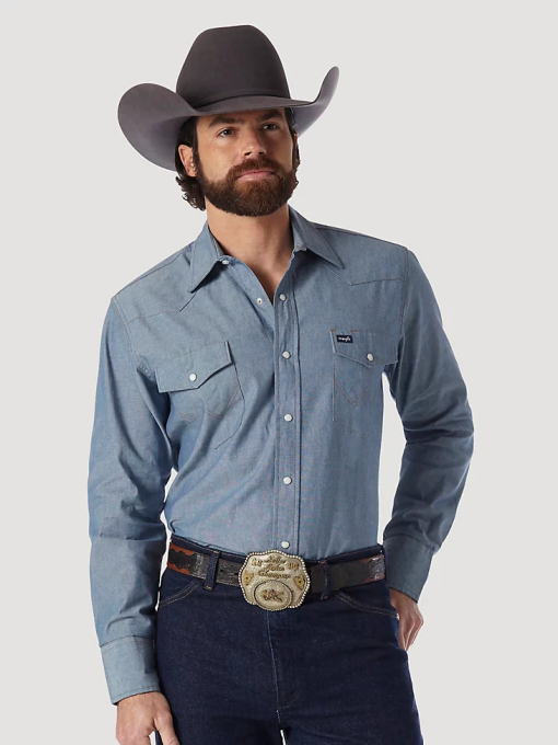 klær nei Wrangler menn cowboy cut work western stiv denim langermet skjorte chambray (70136mw) 8V40441