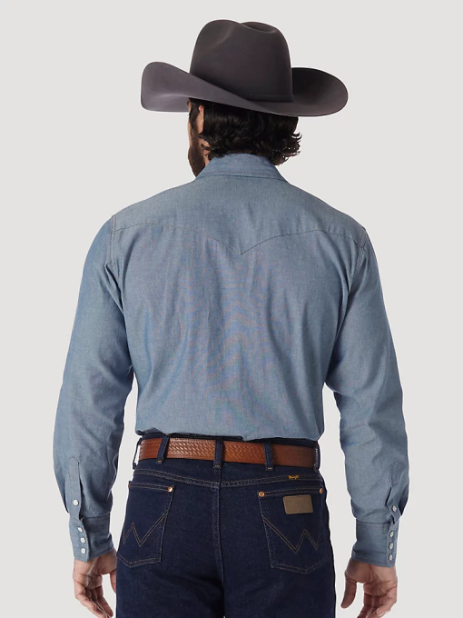 klær nei Wrangler menn cowboy cut work western stiv denim langermet skjorte chambray (70136mw) 8V40441