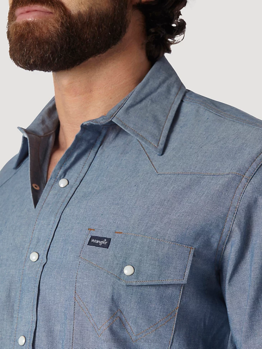 klær nei Wrangler menn cowboy cut work western stiv denim langermet skjorte chambray (70136mw) 8V40441