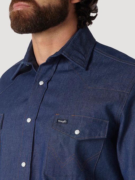 klær nei Wrangler menn cowboy cut work western stiv denim langermet skjorte stiv indigo (70127mw) 8V40439