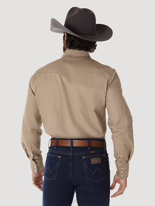 klær nei Wrangler menn cowboykuttet solid langermet vestlig solid arbeidsskjorte khaki (ms70319) 8V40417