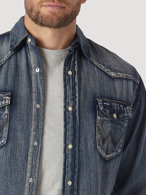 klær nei Wrangler menn cowboyskåret langermet western-denim-arbeidsskjorte med trykkknapper antikk blå (ms1039w) 8V40408