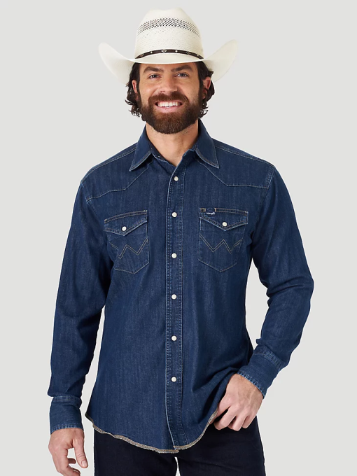 klær nei Wrangler menn cowboyskåret langermet western-denim-arbeidsskjorte med trykkknapper mørk denim (ms1041d) 8V40406