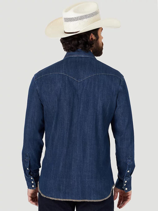 klær nei Wrangler menn cowboyskåret langermet western-denim-arbeidsskjorte med trykkknapper mørk denim (ms1041d) 8V40406