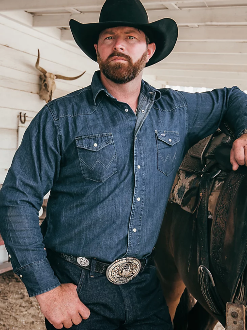 klær nei Wrangler menn cowboyskåret langermet western-denim-arbeidsskjorte med trykkknapper mørk denim (ms1041d) 8V40406