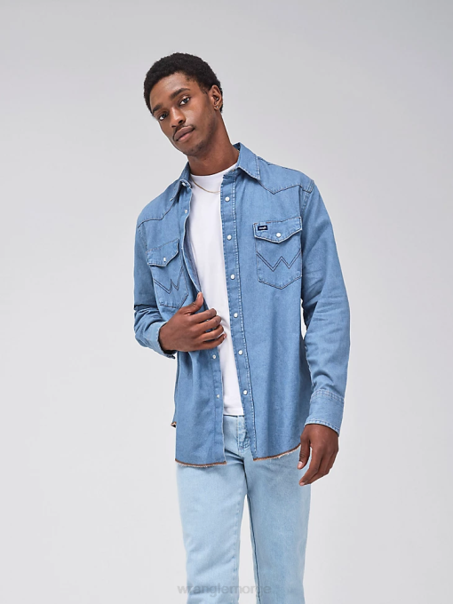 klær nei Wrangler menn cowboyskåret langermet western-denim-arbeidsskjorte med trykkknapper steinvask (70127sw) 8V40407