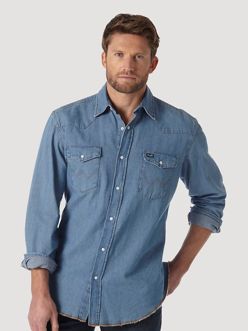 klær nei Wrangler menn cowboyskåret langermet western-denim-arbeidsskjorte med trykkknapper steinvask (70127sw) 8V40407