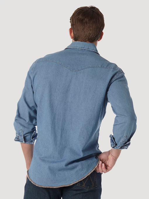klær nei Wrangler menn cowboyskåret langermet western-denim-arbeidsskjorte med trykkknapper steinvask (70127sw) 8V40407