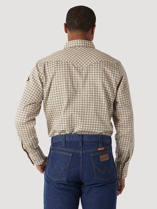 klær nei Wrangler menn fr flammesikker langermet western-rutet skjorte khaki/hvit (fr124mm) 8V40502