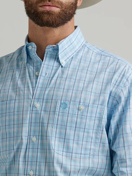 klær nei Wrangler menn george stredet langermet knapp ned tolommers rutete skjorte babyblå (112324886) 8V40323
