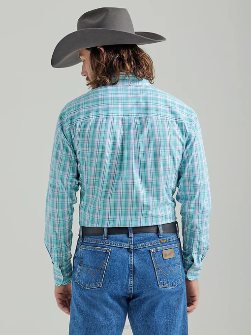 klær nei Wrangler menn george stredet langermet knapp ned én lomme rutete skjorte blågrønne blomster (112324879) 8V40315