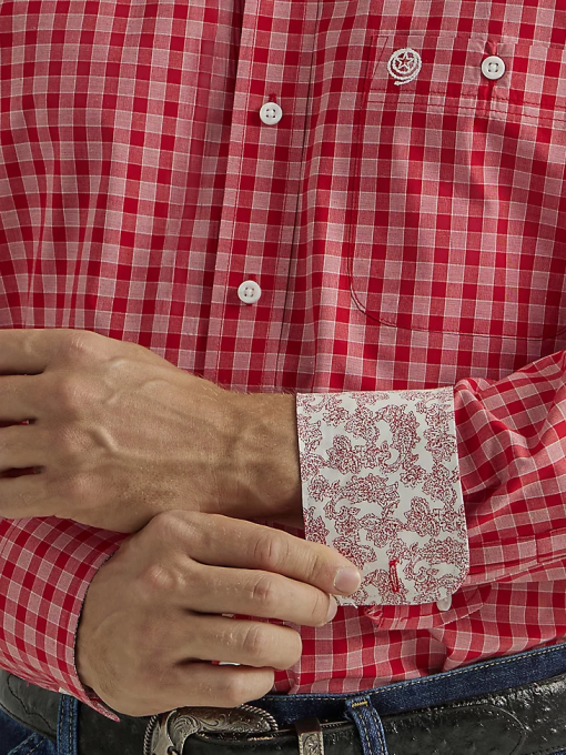 klær nei Wrangler menn george stredet langermet knapp ned én lomme rutete skjorte rosa rød pledd (112327829) 8V40318