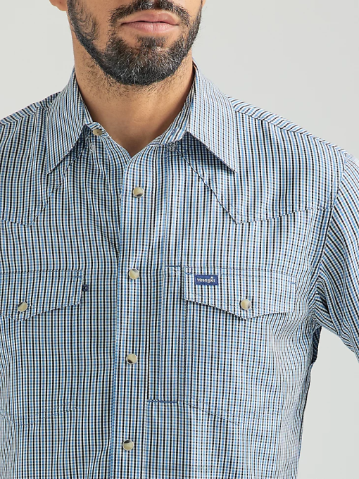 klær nei Wrangler menn langermet rutete skjorte med trykknapper blågrå (112326154) 8V40436