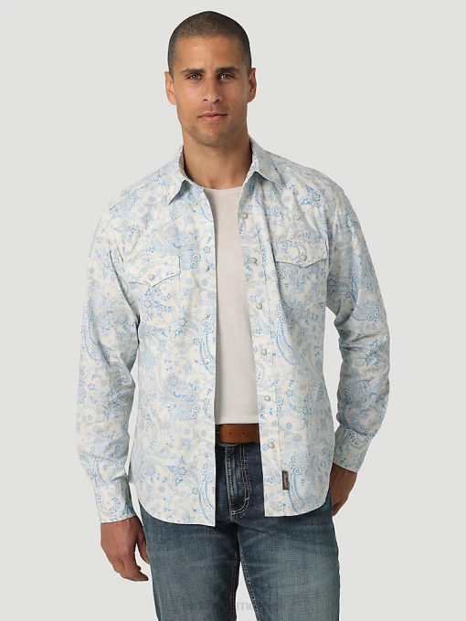 klær nei Wrangler menn retro premium langermet skjorte med trykkknapper toile blå (112327790) 8V40426