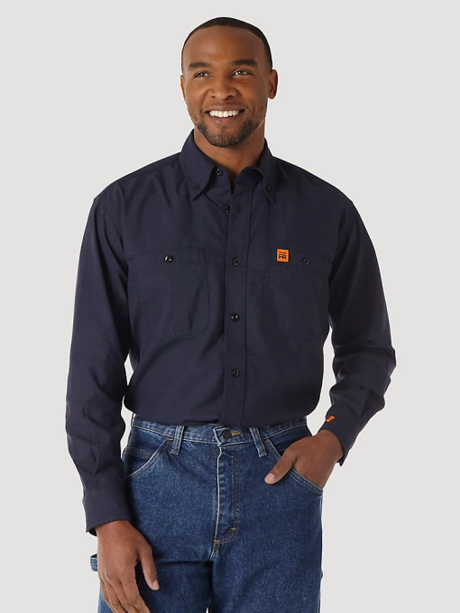klær nei Wrangler menn riggs arbeidstøy fr flammesikker twill solid arbeidsskjorte marine (fr3w01n) 8V40402