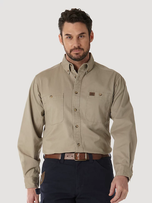 klær nei Wrangler menn riggs arbeidstøy langermet knapp ned solid twill arbeidsskjorte khaki (3w501kh) 8V40351