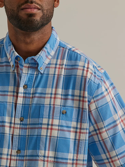 klær nei Wrangler menn robust slitasje kortermet lettstelt rutete button-down skjorte havblå (112325898) 8V40344
