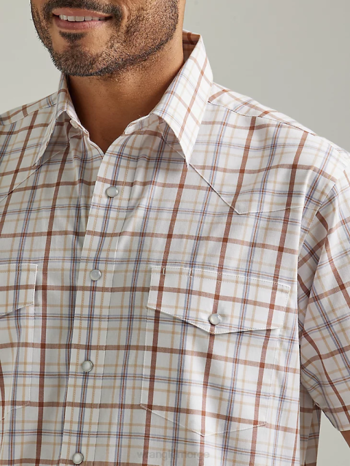 klær nei Wrangler menn rynkebestandig kortermet western-rutet skjorte sanddynebrun (112326365) 8V40448