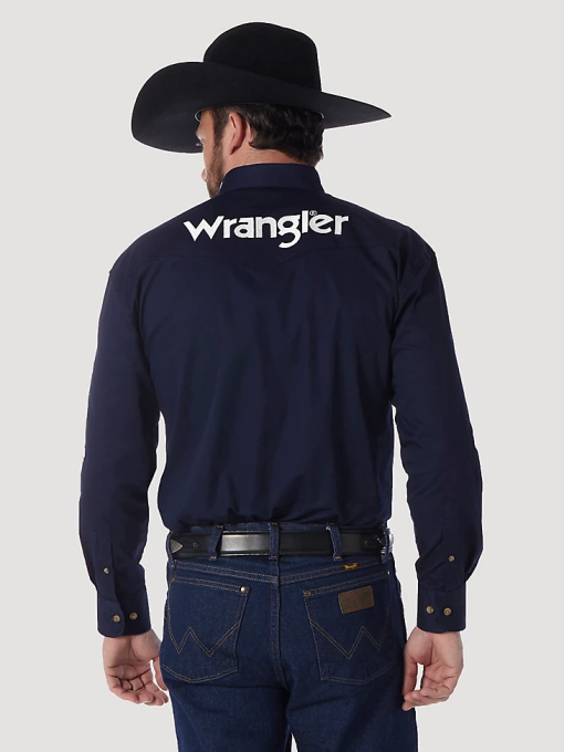 klær nei Wrangler menn solid skjorte med lange ermer med logo marine (mp2327n) 8V40395