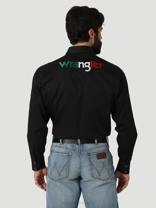 klær nei Wrangler menn solid skjorte med lange ermer med logo svart (112317124) 8V40396