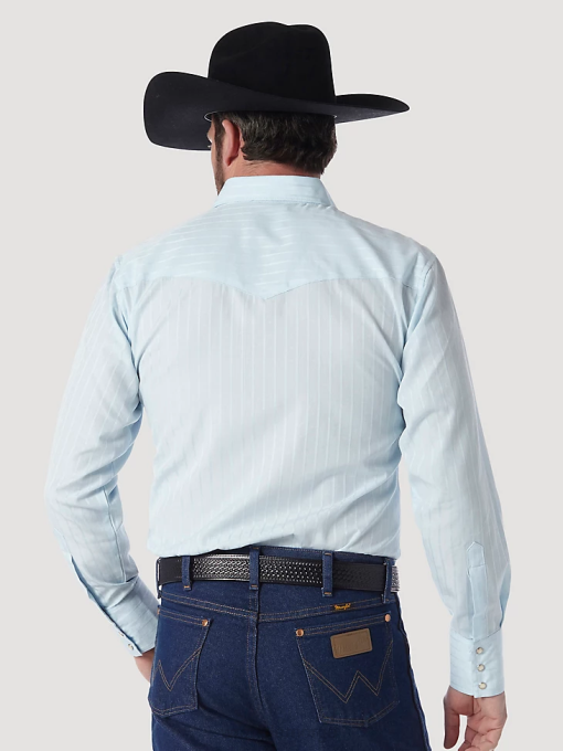 klær nei Wrangler menn western langermet western skjorte med dobbystriper med trykk blå (75222bl) 8V40466