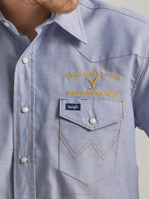 klær nei Wrangler x Yellowstone menn kortermet chambray arbeidsskjorte indigo chambray (112337495) 8V40506