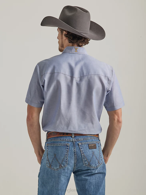klær nei Wrangler x Yellowstone menn kortermet chambray arbeidsskjorte indigo chambray (112337495) 8V40506