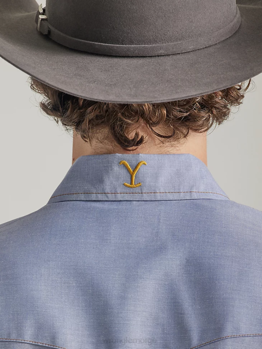 klær nei Wrangler x Yellowstone menn kortermet chambray arbeidsskjorte indigo chambray (112337495) 8V40506