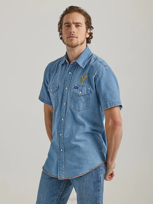 klær nei Wrangler x Yellowstone menn kortermet chambray arbeidsskjorte stonewash indigo (112337485) 8V40505
