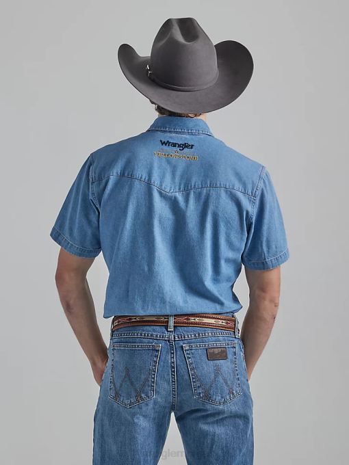 klær nei Wrangler x Yellowstone menn kortermet chambray arbeidsskjorte stonewash indigo (112337485) 8V40505