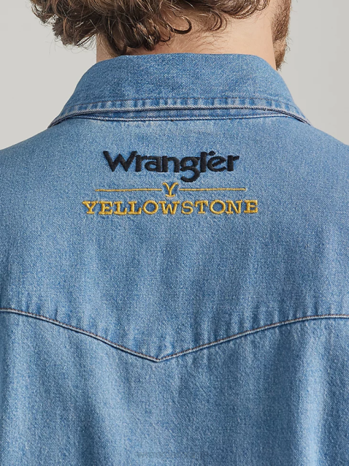klær nei Wrangler x Yellowstone menn kortermet chambray arbeidsskjorte stonewash indigo (112337485) 8V40505